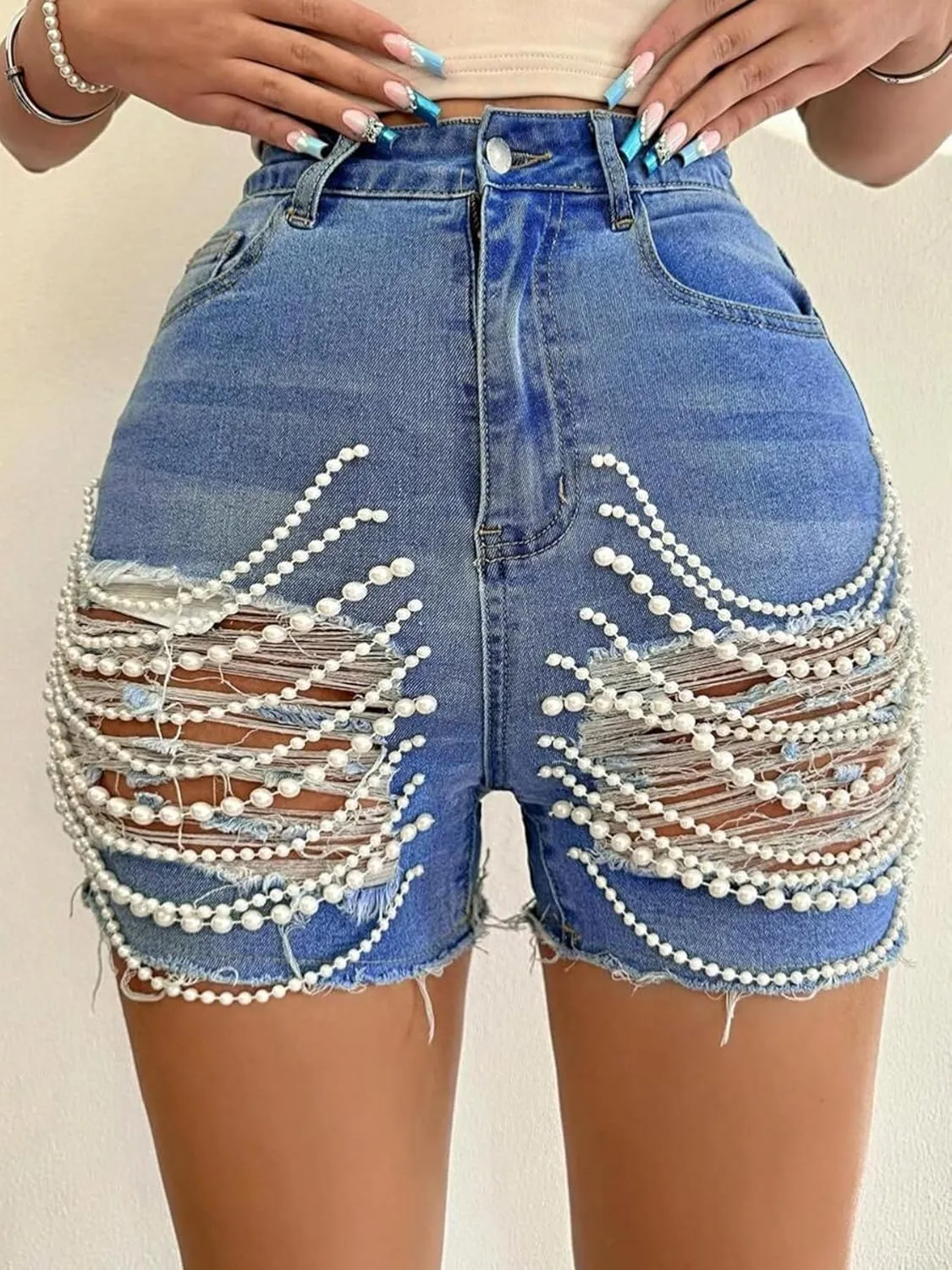 Women High Waisted Ripped Denim Shorts Pearls Beading Chain Distressed Raw Hem Stretchy Summer Jean Shorts