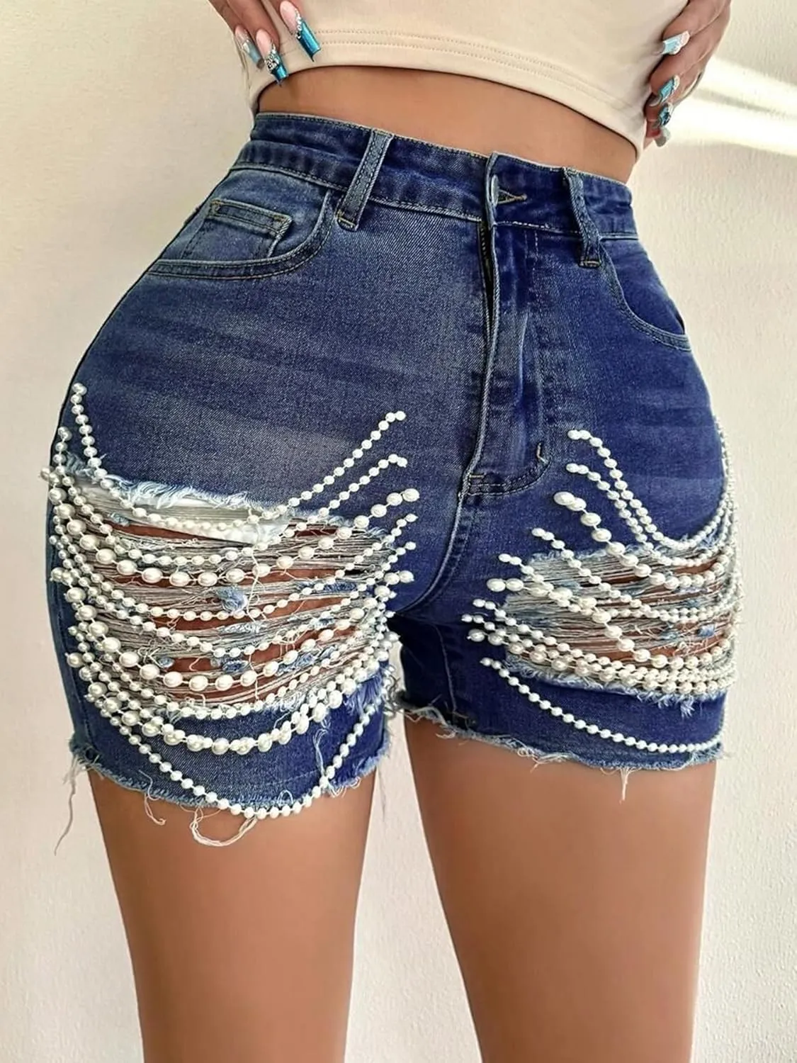 Women High Waisted Ripped Denim Shorts Pearls Beading Chain Distressed Raw Hem Stretchy Summer Jean Shorts
