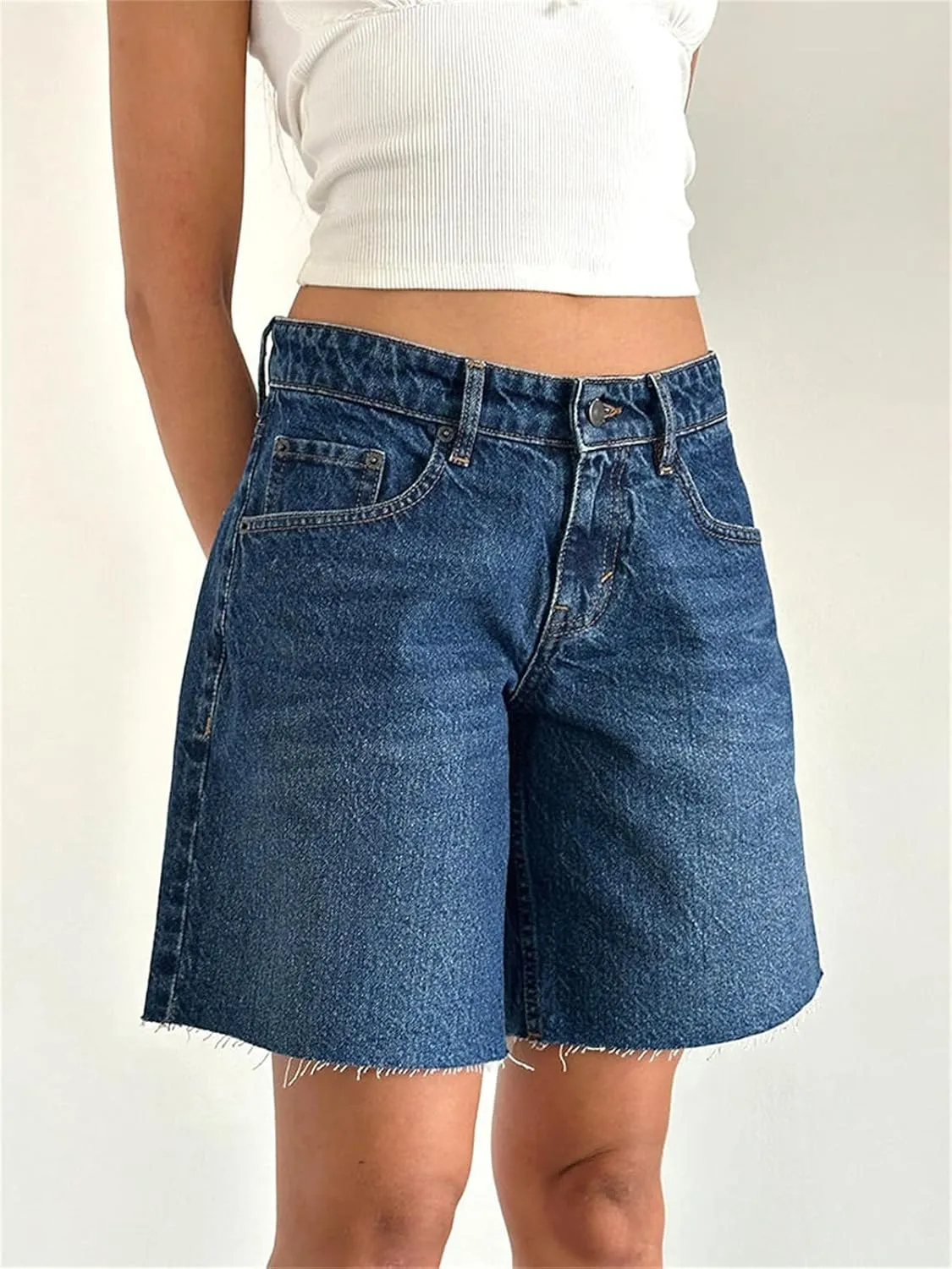 Women Y2k Long Jean Shorts Casual Loose Wide Leg Frayed Raw Hem High Waisted Denim Jorts Vintage Summer Streetwear