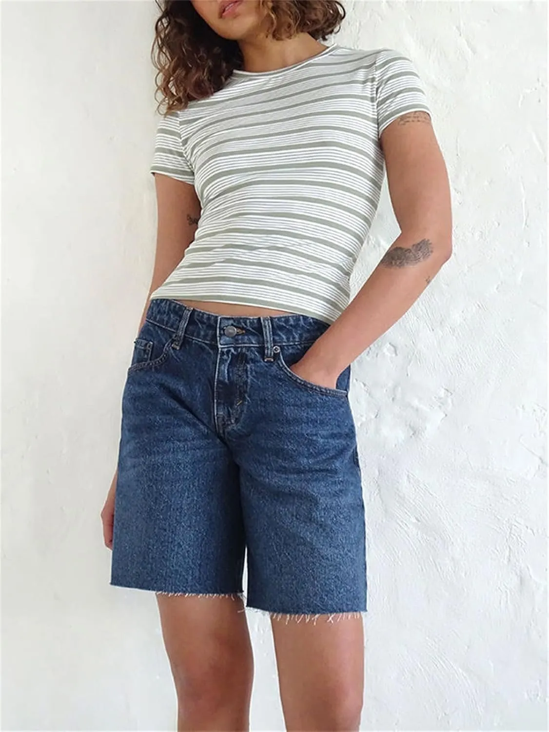 Women Y2k Long Jean Shorts Casual Loose Wide Leg Frayed Raw Hem High Waisted Denim Jorts Vintage Summer Streetwear