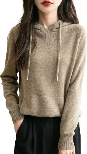 Women's 100% Merino Wool Hoodies 2025 Fall Winter Warm Soft Sweater Long Sleeve Knitted Sweatshirt with Pocket