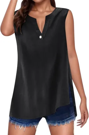 Women's 2025 Summer Tank Top V Neck Sleeveless Button Down T Shirts Trendy Lightweight Casual Loose Side Slit Tops