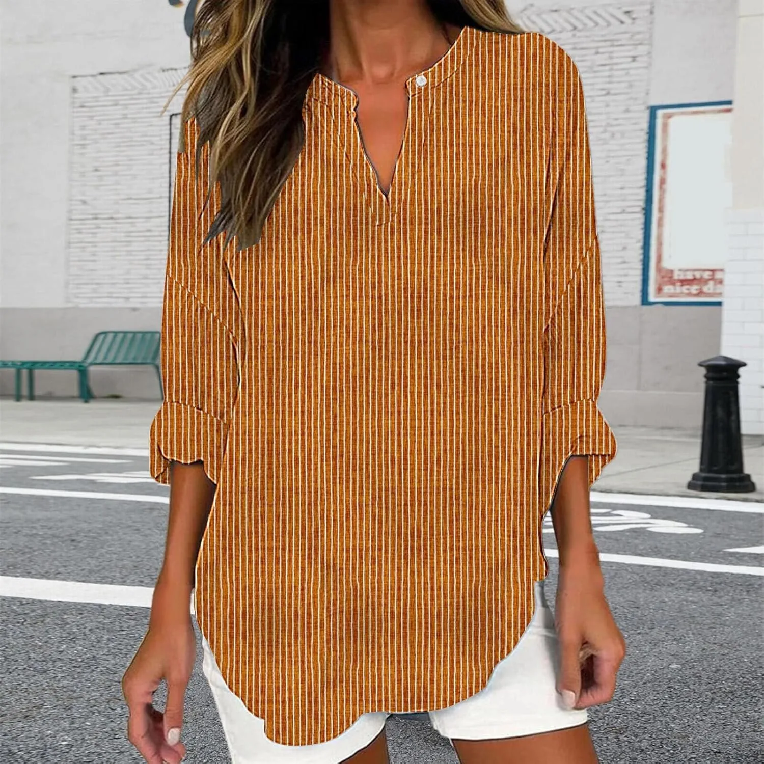 Women's 3/4 Sleeve Cotton Linen Blouses Top T-Shirt Shirts Casual Summer V Neck Tunic Tops Loose Tshirts Side Slit