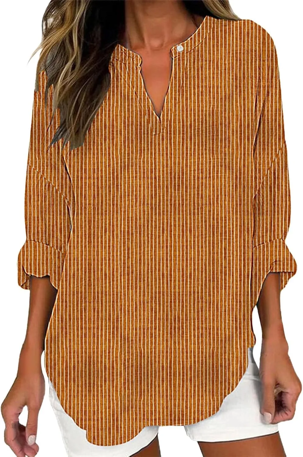 Women's 3/4 Sleeve Cotton Linen Blouses Top T-Shirt Shirts Casual Summer V Neck Tunic Tops Loose Tshirts Side Slit
