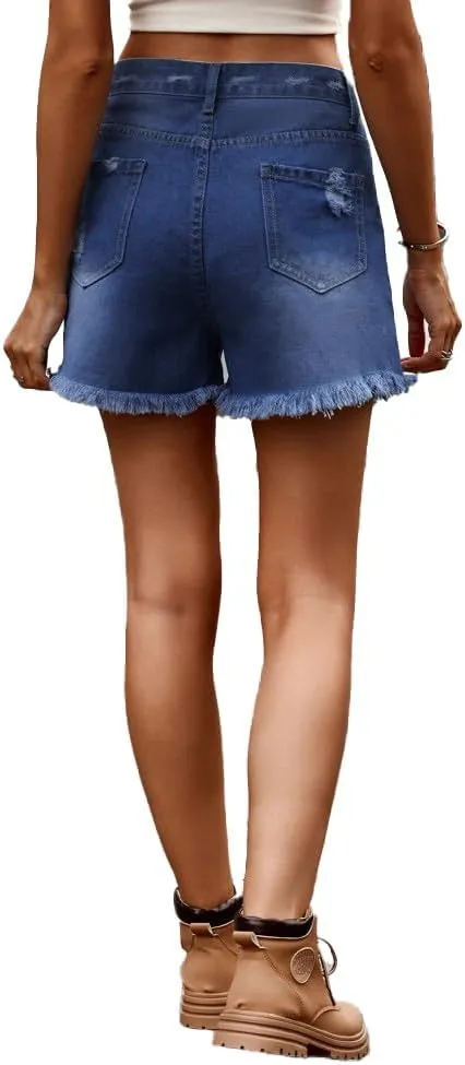 Women's American Flag Printed Distressed Denim Shorts High Waisted Cut Off Frayed Raw Hem Casual Jeans Boardshorts