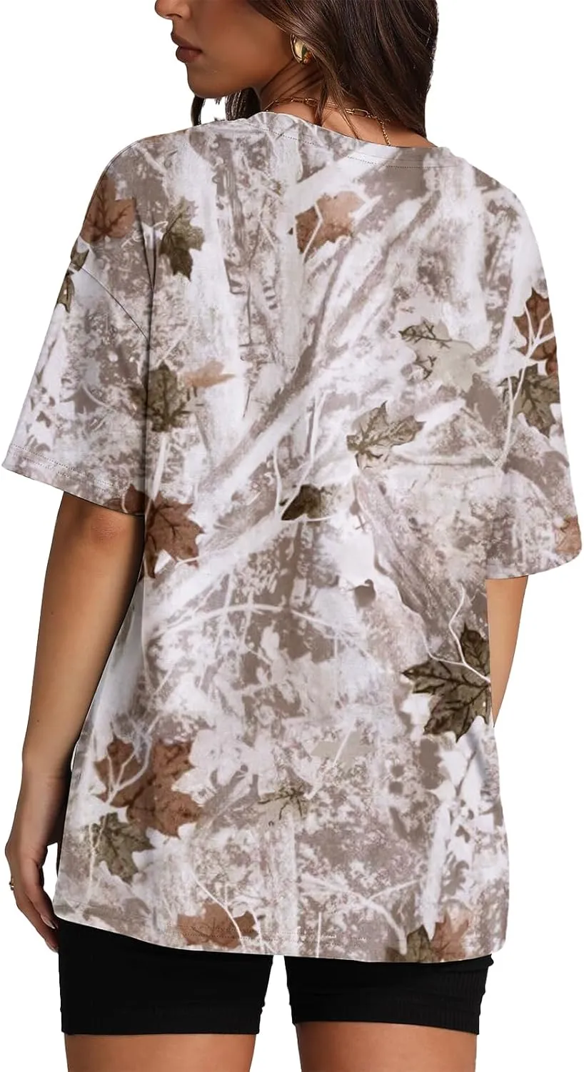 Womens Camo Shirt Oversized Short Sleeve Tees Maple Leaf Print Summer Tops Graphic Crewneck T Shirts Y2K Clothes
