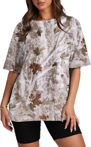 Womens Camo Shirt Oversized Short Sleeve Tees Maple Leaf Print Summer Tops Graphic Crewneck T Shirts Y2K Clothes