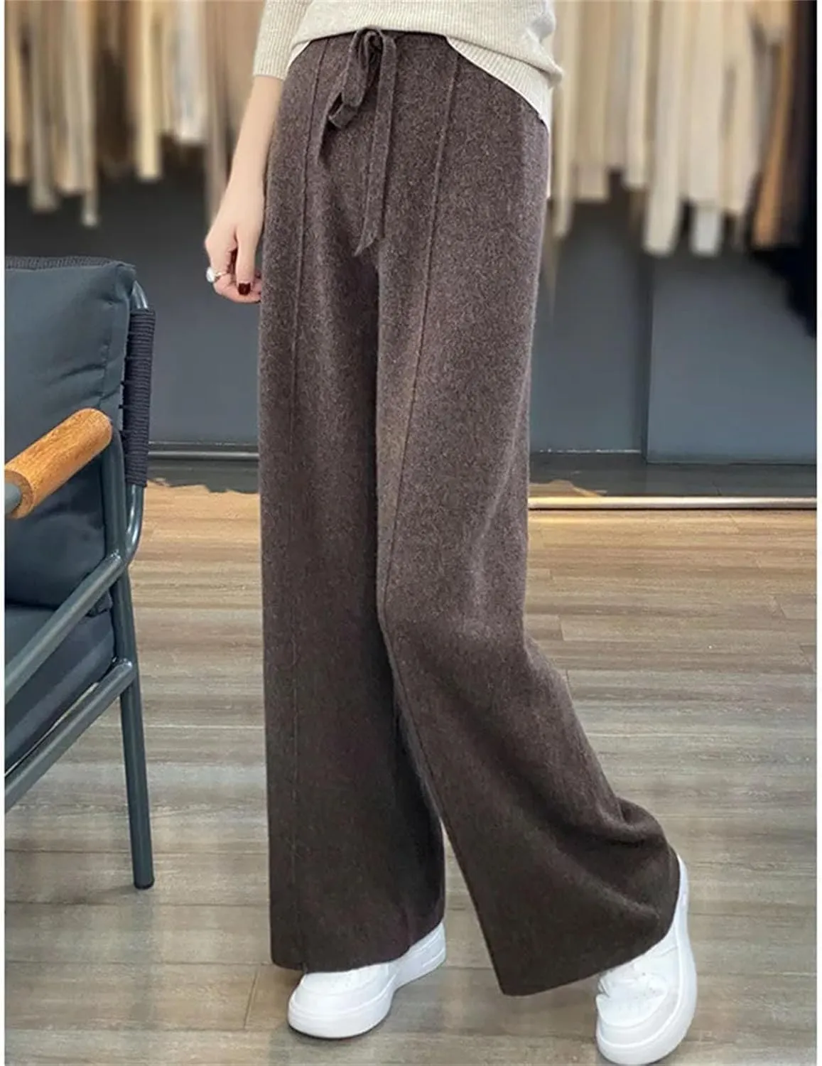 Women’s Cashmere Knit Wide-Leg Pants Plush Loose Fit Autumn Winter Minimalist Trousers