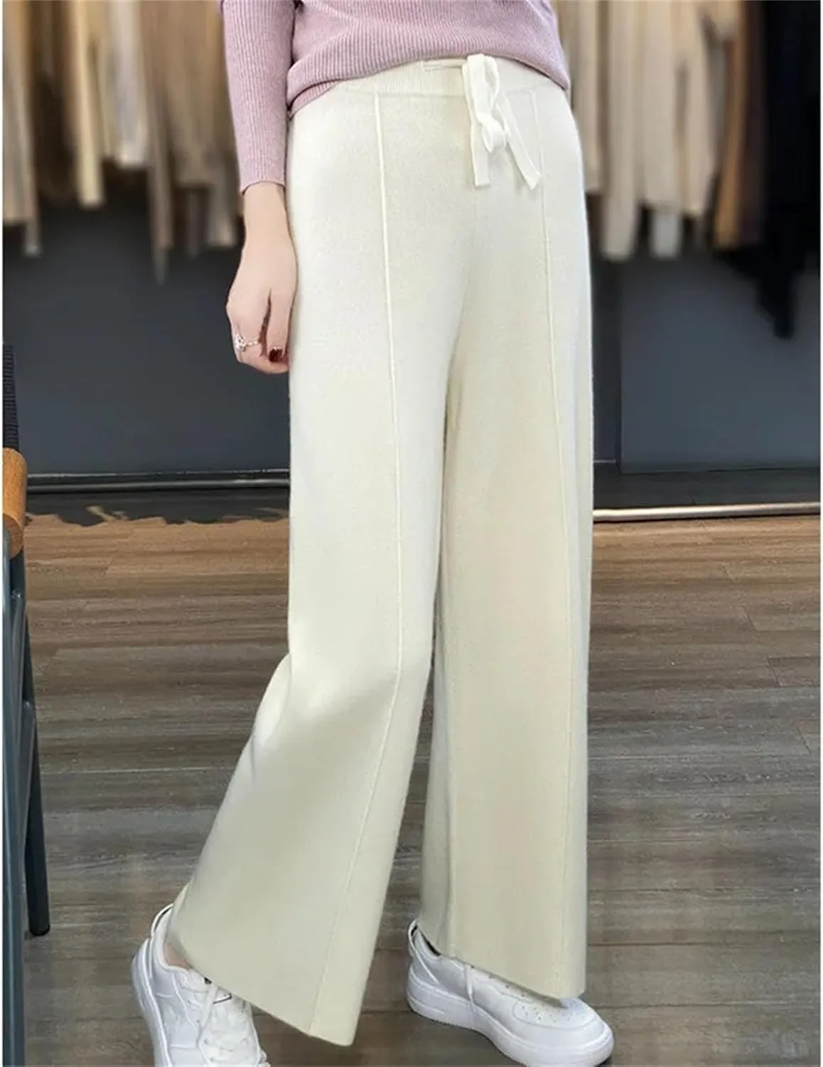 Women’s Cashmere Knit Wide-Leg Pants Plush Loose Fit Autumn Winter Minimalist Trousers