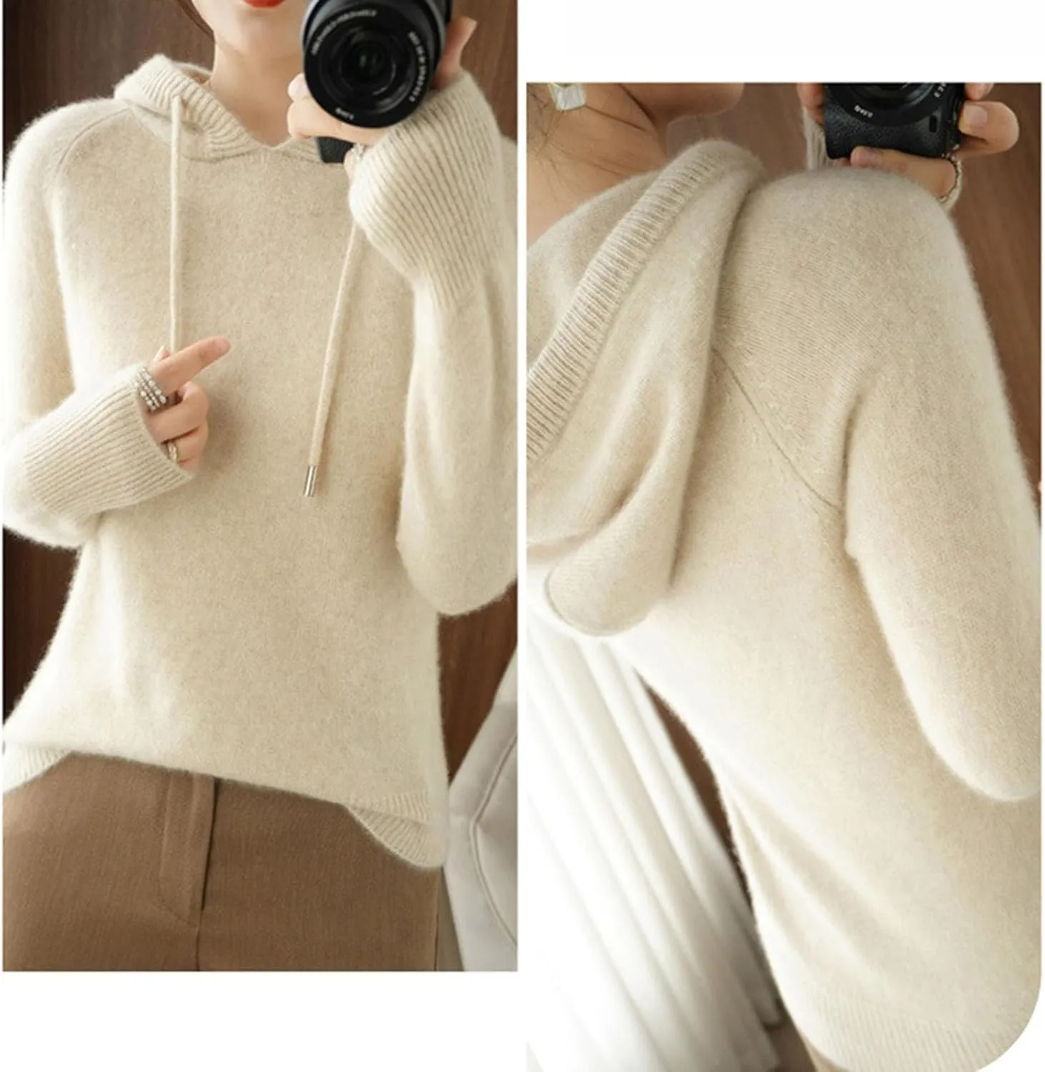 Womens Cashmere Sweater with Hooded, Cashmere Long Sleeve Hoodies Sweaters, Long Sleeve Crew Neck Soft Warm Pullover