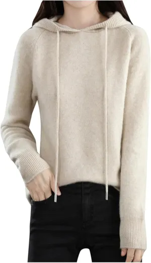 Womens Cashmere Sweater with Hooded, Cashmere Long Sleeve Hoodies Sweaters, Long Sleeve Crew Neck Soft Warm Pullover