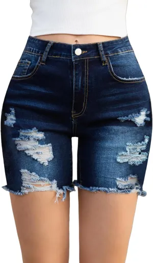 Women's Casual Summer Ripped High Waisted Denim Shorts Stretch Distressed Frayed Raw Hem Jean Shorts