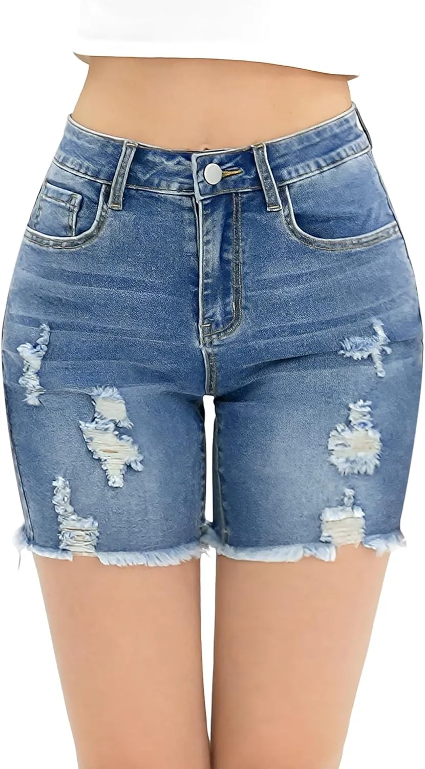 Women's Casual Summer Ripped High Waisted Denim Shorts Stretch Distressed Frayed Raw Hem Jean Shorts