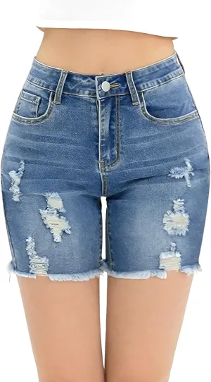 Women's Casual Summer Ripped High Waisted Denim Shorts Stretch Distressed Frayed Raw Hem Jean Shorts