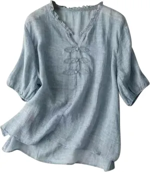 Women's Casual V Neck Cotton Linen Shirts Short Sleeve Ruffle Trim Collar Side Slit Hem Tops Summer Lightweight Tees