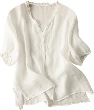 Women's Casual V Neck Cotton Linen Shirts Short Sleeve Ruffle Trim Collar Side Slit Hem Tops Summer Lightweight Tees