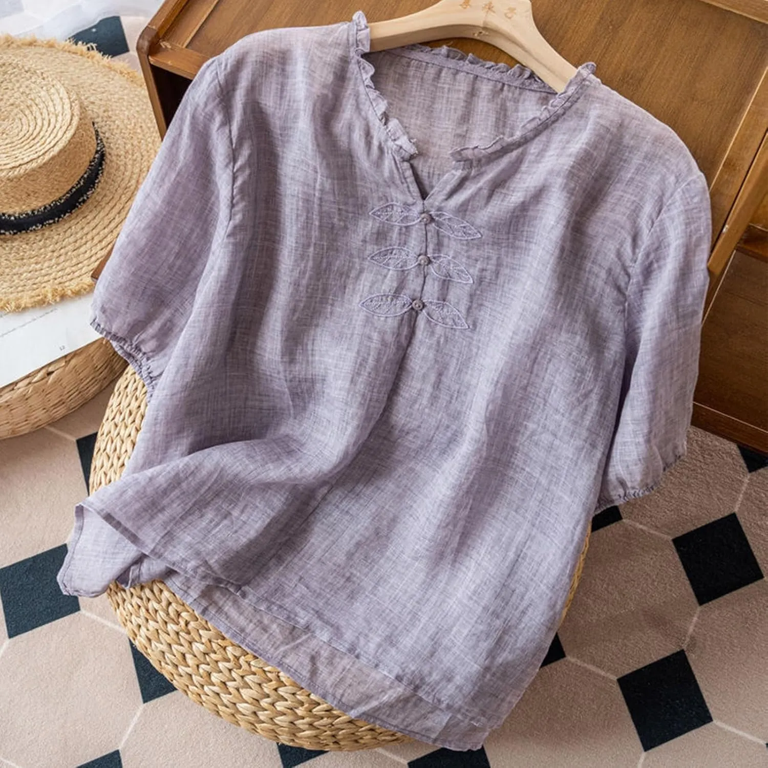 Women's Casual V Neck Cotton Linen Shirts Short Sleeve Ruffle Trim Collar Side Slit Hem Tops Summer Lightweight Tees