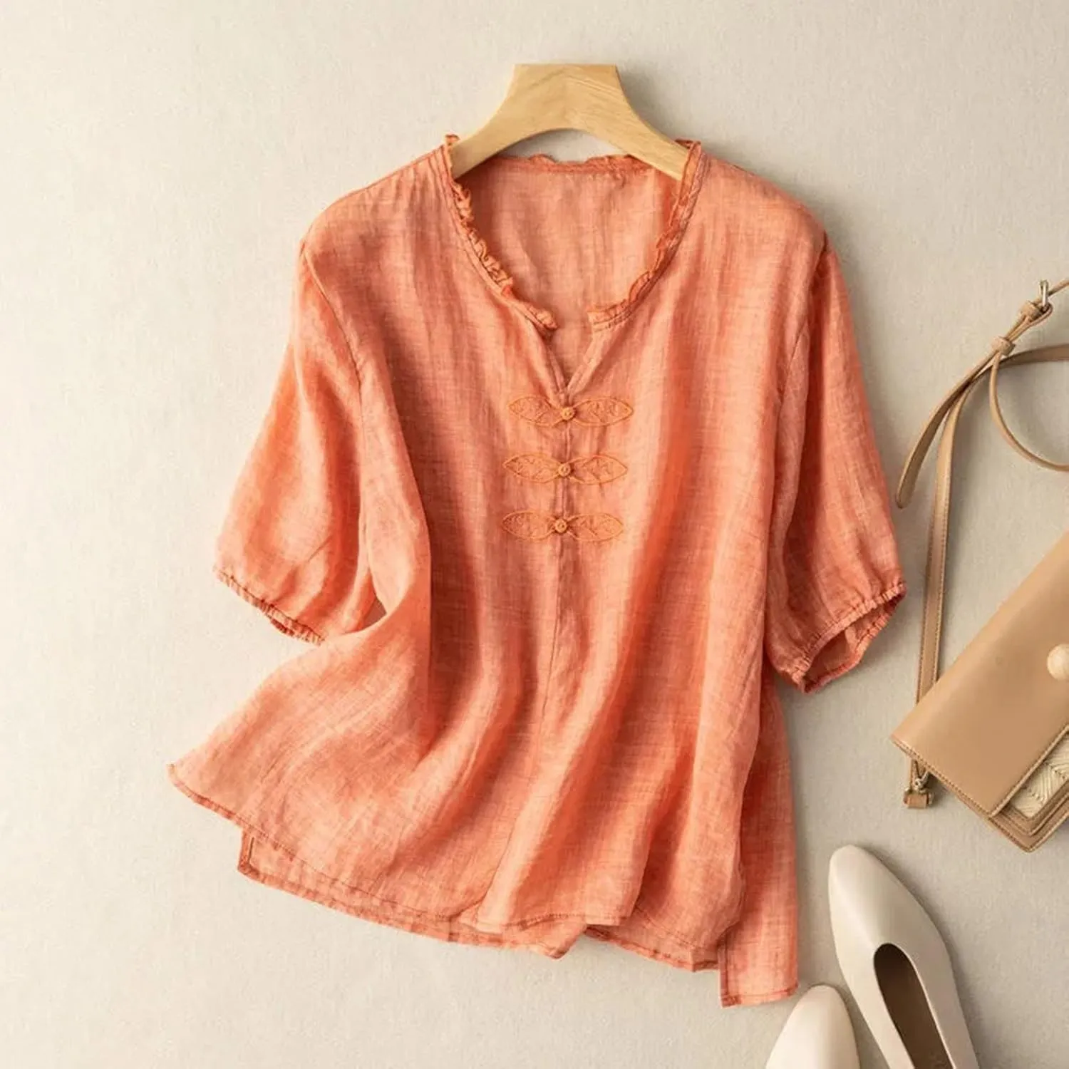 Women's Casual V Neck Cotton Linen Shirts Short Sleeve Ruffle Trim Collar Side Slit Hem Tops Summer Lightweight Tees