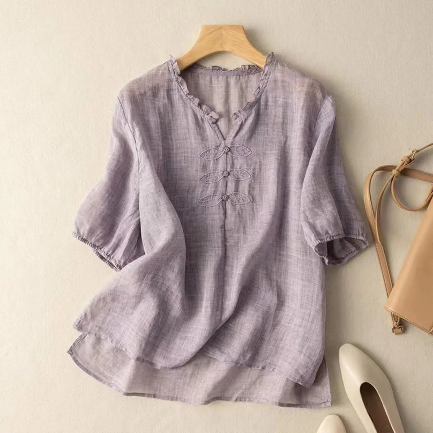 Women's Casual V Neck Cotton Linen Shirts Short Sleeve Ruffle Trim Collar Side Slit Hem Tops Summer Lightweight Tees