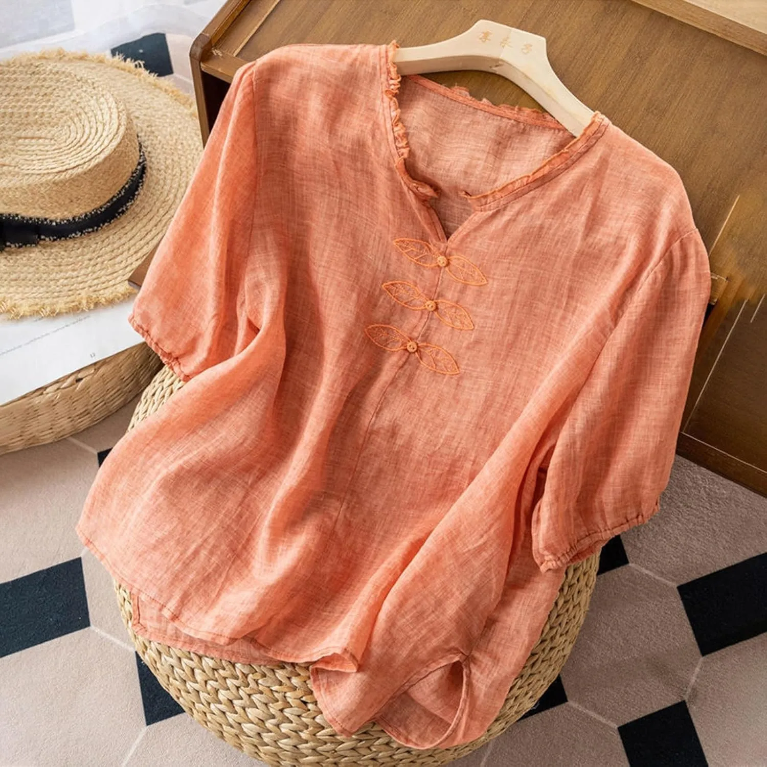 Women's Casual V Neck Cotton Linen Shirts Short Sleeve Ruffle Trim Collar Side Slit Hem Tops Summer Lightweight Tees