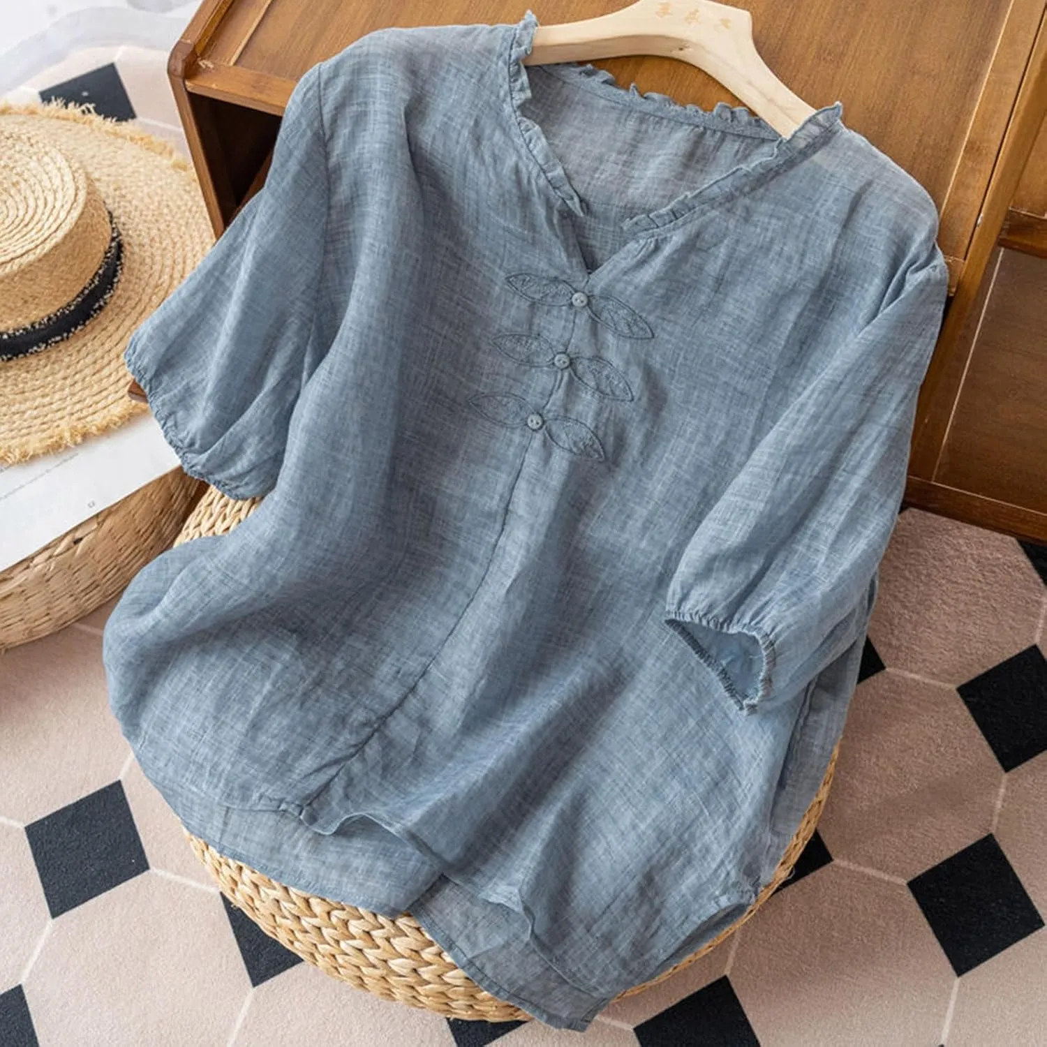 Women's Casual V Neck Cotton Linen Shirts Short Sleeve Ruffle Trim Collar Side Slit Hem Tops Summer Lightweight Tees