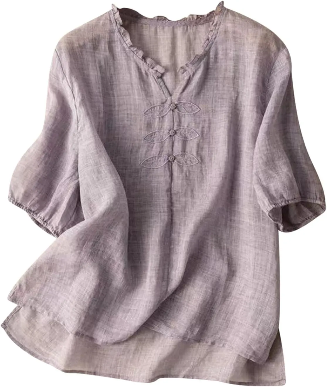 Women's Casual V Neck Cotton Linen Shirts Short Sleeve Ruffle Trim Collar Side Slit Hem Tops Summer Lightweight Tees