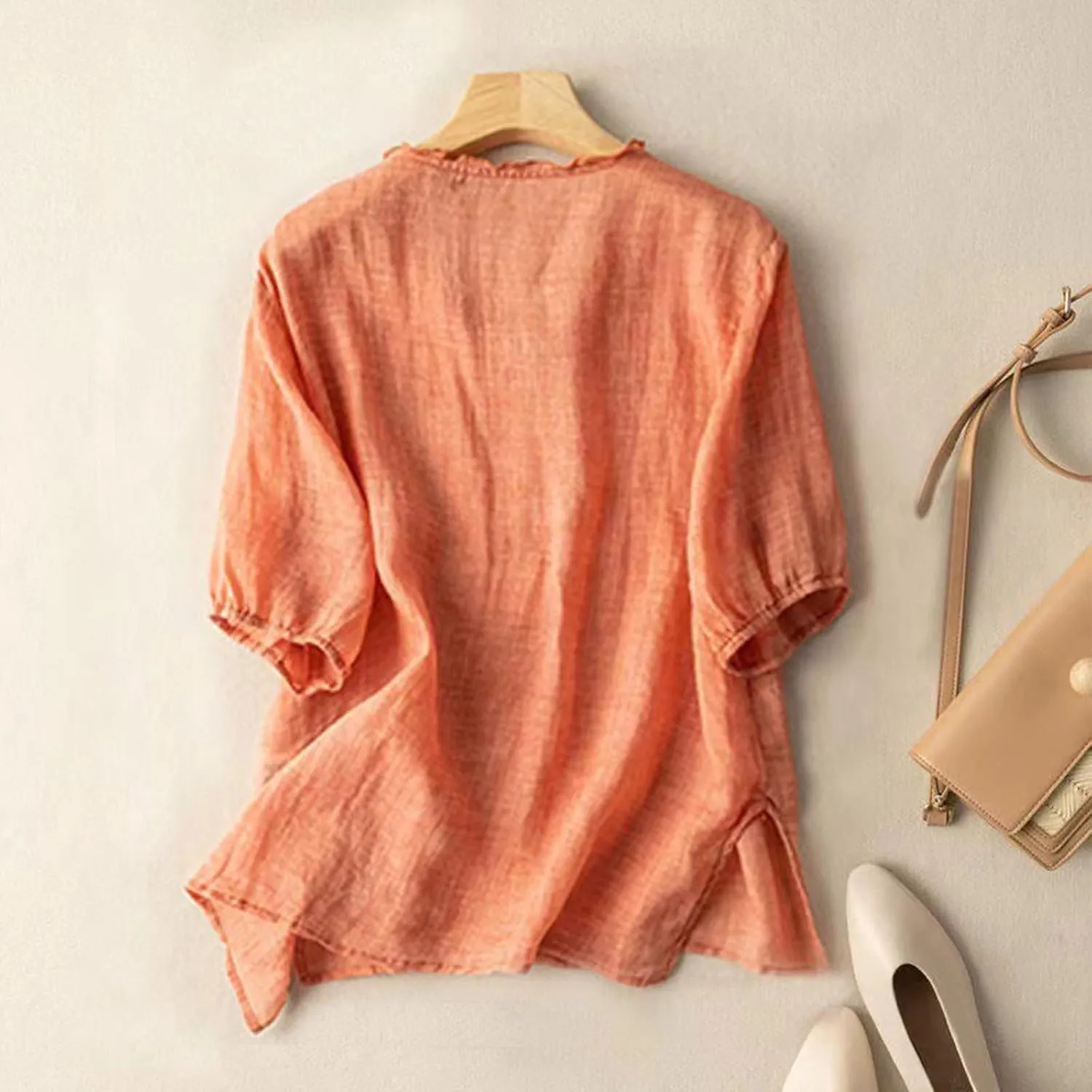 Women's Casual V Neck Cotton Linen Shirts Short Sleeve Ruffle Trim Collar Side Slit Hem Tops Summer Lightweight Tees