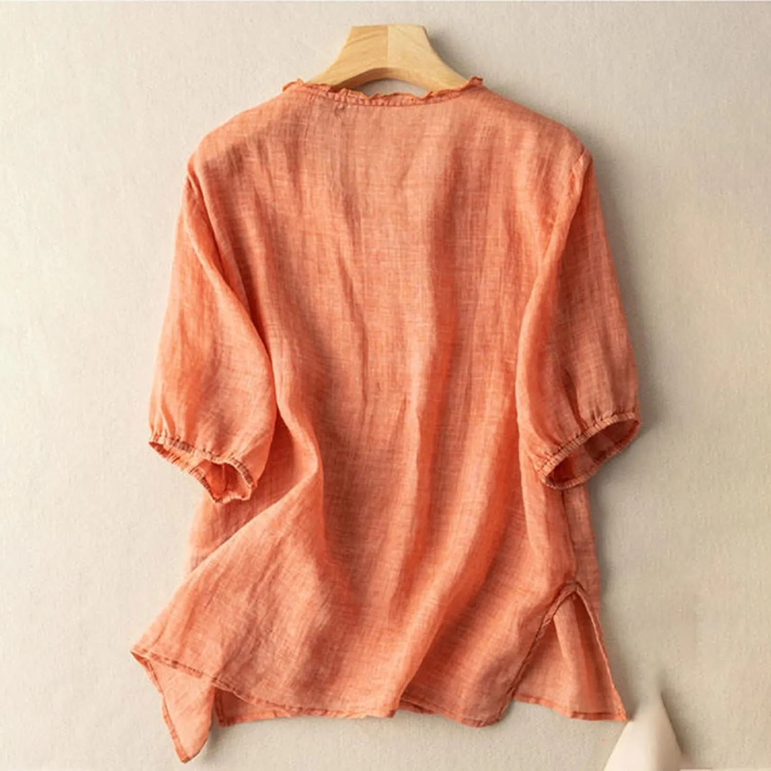 Women's Casual V Neck Cotton Linen Shirts Short Sleeve Ruffle Trim Collar Side Slit Hem Tops Summer Lightweight Tees