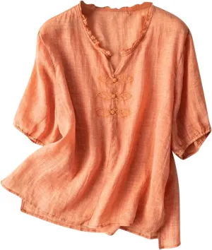 Women's Casual V Neck Cotton Linen Shirts Short Sleeve Ruffle Trim Collar Side Slit Hem Tops Summer Lightweight Tees