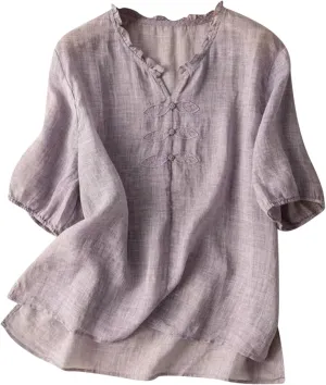 Women's Casual V Neck Cotton Linen Shirts Short Sleeve Ruffle Trim Collar Side Slit Hem Tops Summer Lightweight Tees
