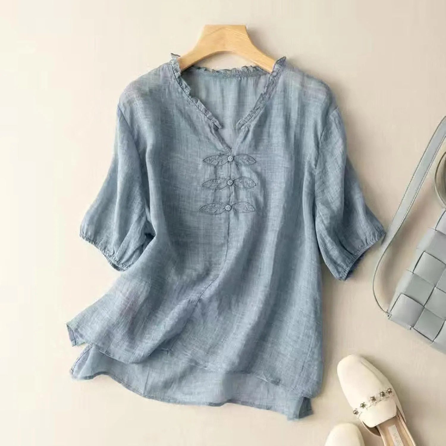 Women's Casual V Neck Cotton Linen Shirts Short Sleeve Ruffle Trim Collar Side Slit Hem Tops Summer Lightweight Tees