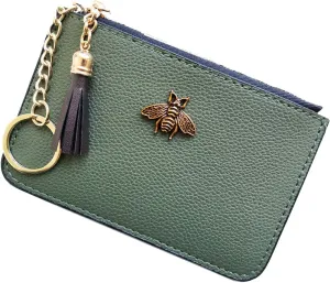 Women's Coin Purse Change Wallet Pouch Leather Card Holder with Key Chain Tassel Zip (CH Army Green)