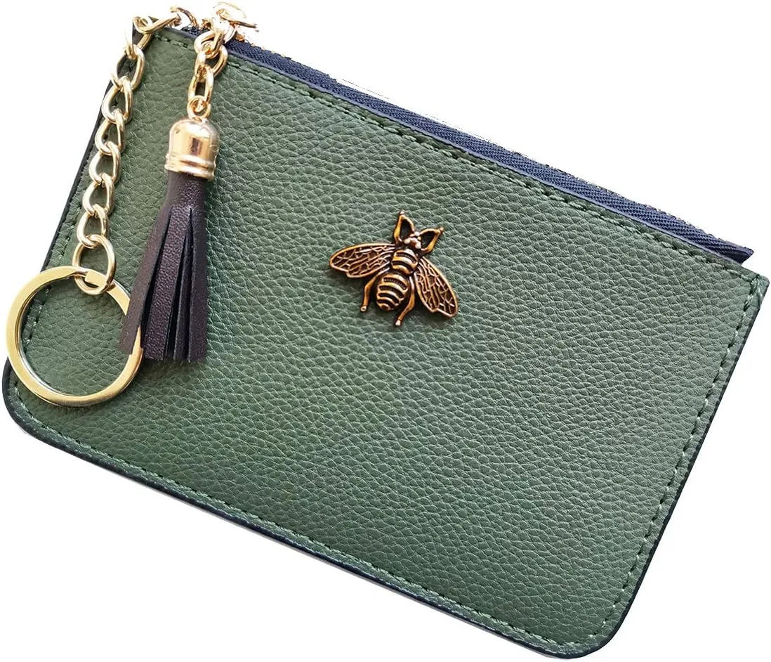 Women's Coin Purse Change Wallet Pouch Leather Card Holder with Key Chain Tassel Zip (CH Army Green)