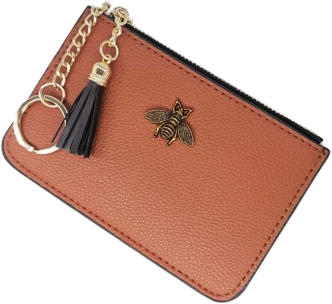 Women's Coin Purse Change Wallet Pouch Leather Card Holder with Key Chain Tassel Zip (CH Brown)