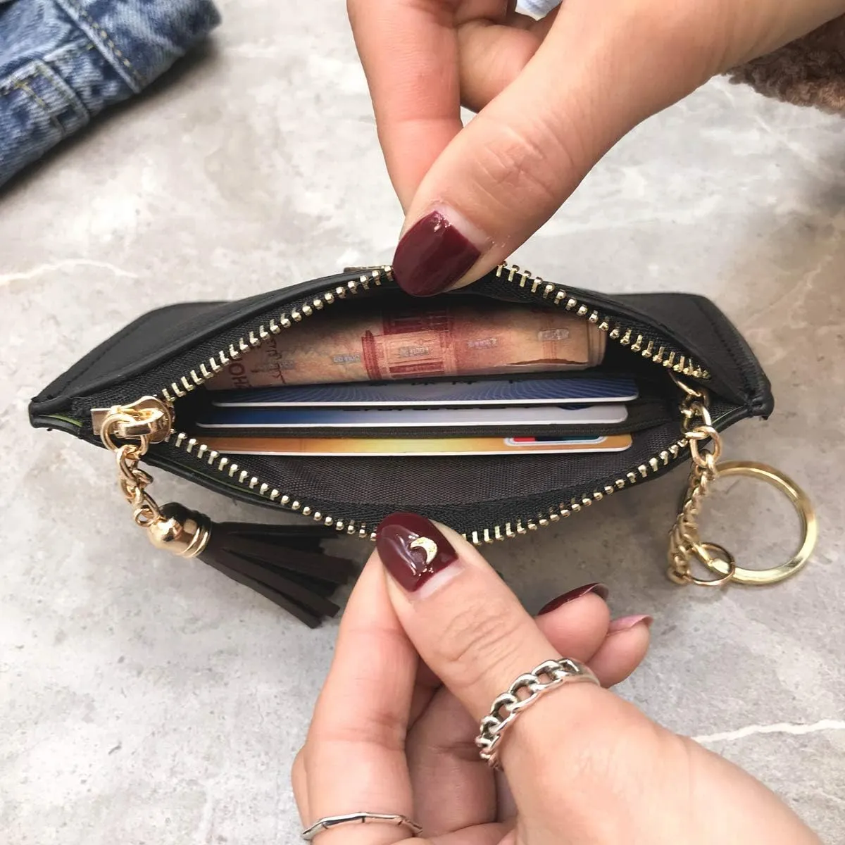 Women's Coin Purse Change Wallet Pouch Leather Card Holder with Key Chain Tassel Zip (CH Brown)