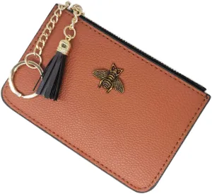 Women's Coin Purse Change Wallet Pouch Leather Card Holder with Key Chain Tassel Zip (CH Brown)