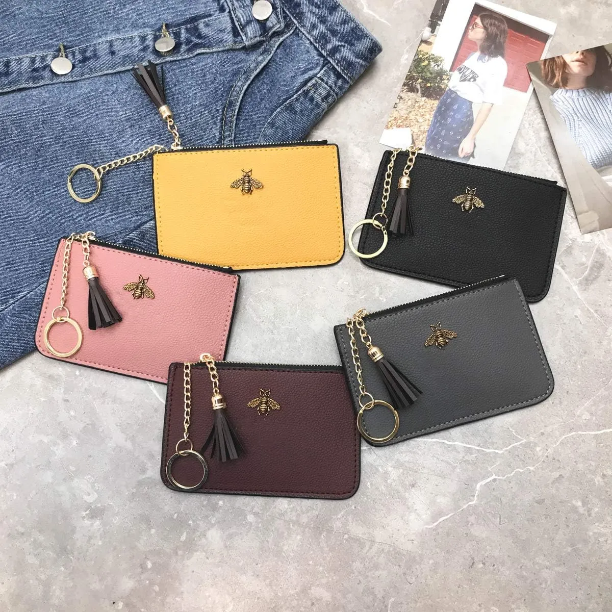 Women's Coin Purse Change Wallet Pouch Leather Card Holder with Key Chain Tassel Zip (CH Brown)