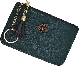 Women's Coin Purse Change Wallet Pouch Leather Card Holder with Key Chain Tassel Zip (Dark Green)
