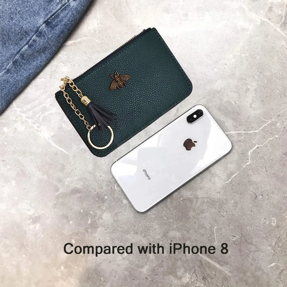 Women's Coin Purse Change Wallet Pouch Leather Card Holder with Key Chain Tassel Zip (Dark Green)