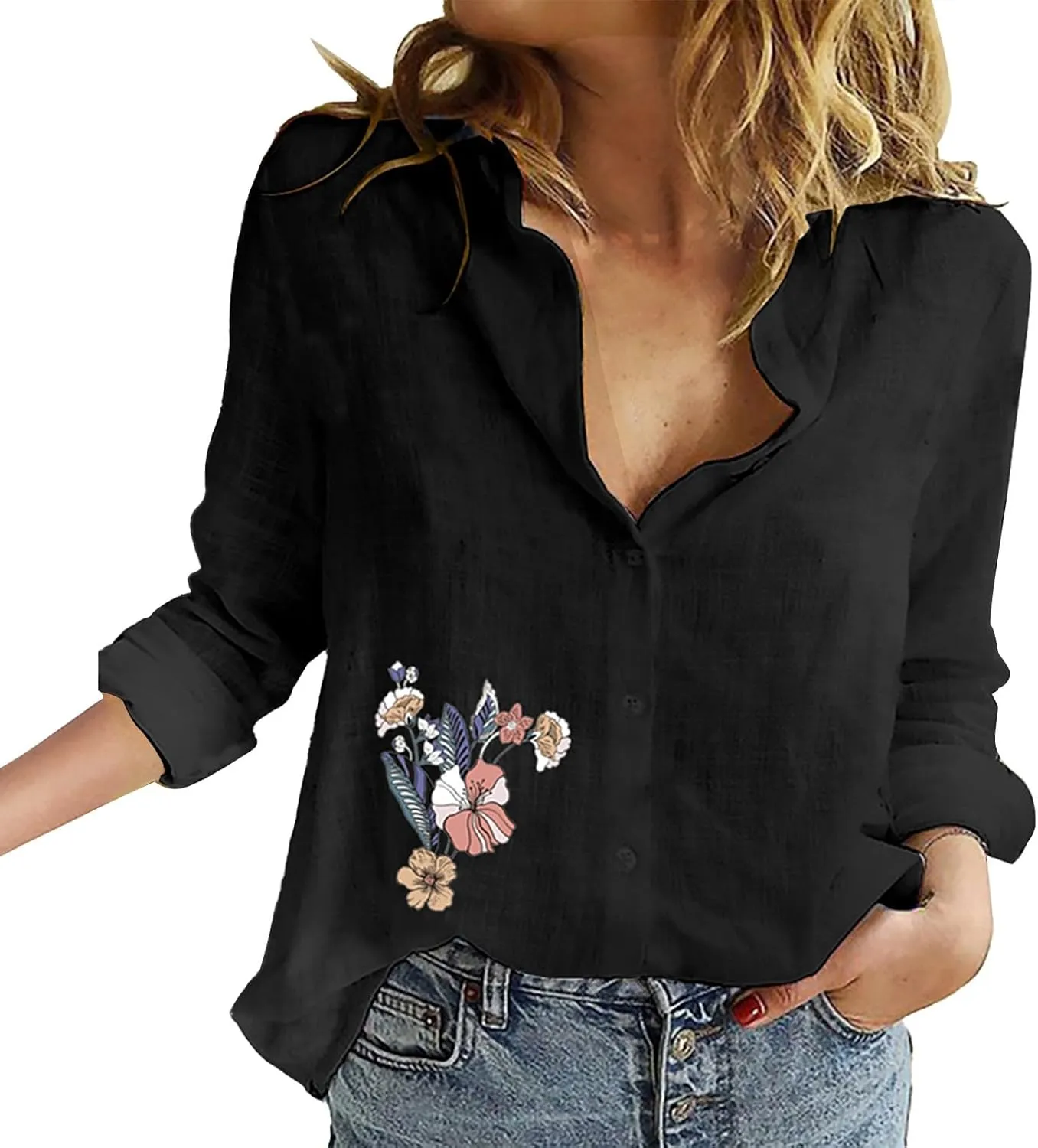 Womens Cotton Linen 3/4 Sleeve Length Y2K Tops Cute Graphic Tee Solid Color Button Down Shirts Oversized Tshirts for Women