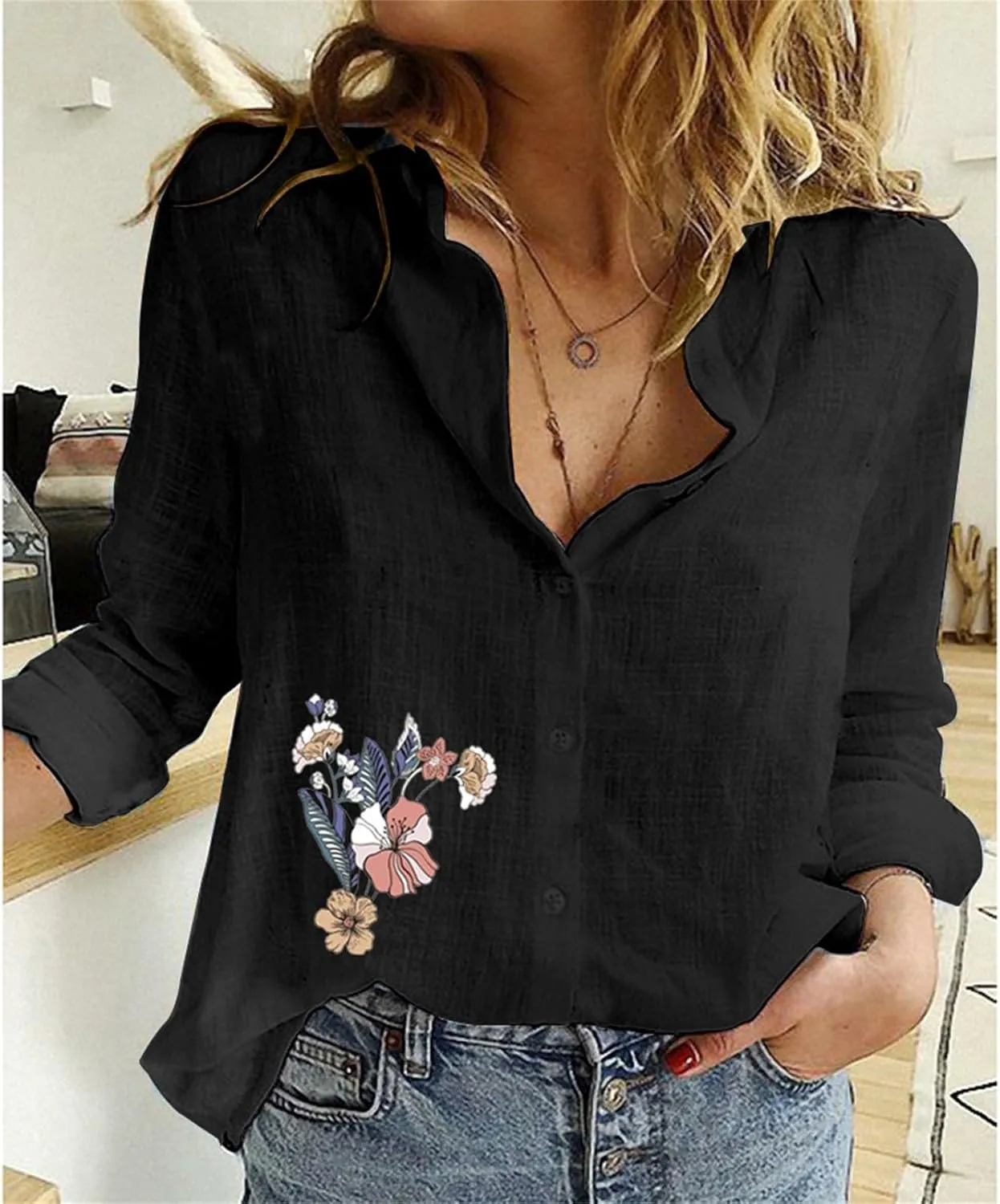 Womens Cotton Linen 3/4 Sleeve Length Y2K Tops Cute Graphic Tee Solid Color Button Down Shirts Oversized Tshirts for Women
