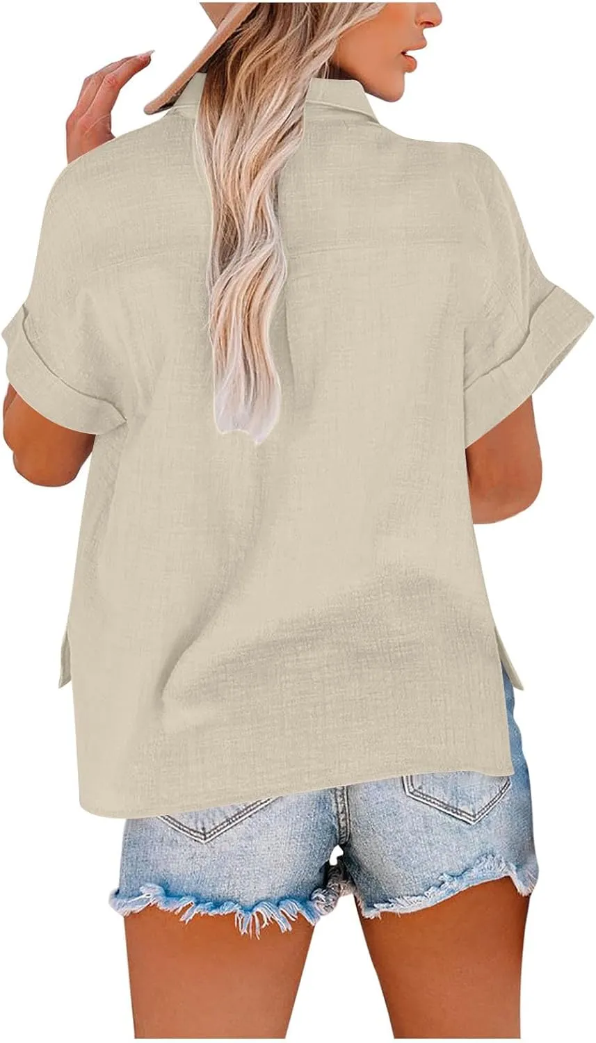 Women's Cpttpn Linen Button Up Shirts with Side Slit, Short Sleeve V-Neck Collared Tops Golf Shirt Casual Summer Tee