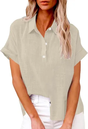 Women's Cpttpn Linen Button Up Shirts with Side Slit, Short Sleeve V-Neck Collared Tops Golf Shirt Casual Summer Tee