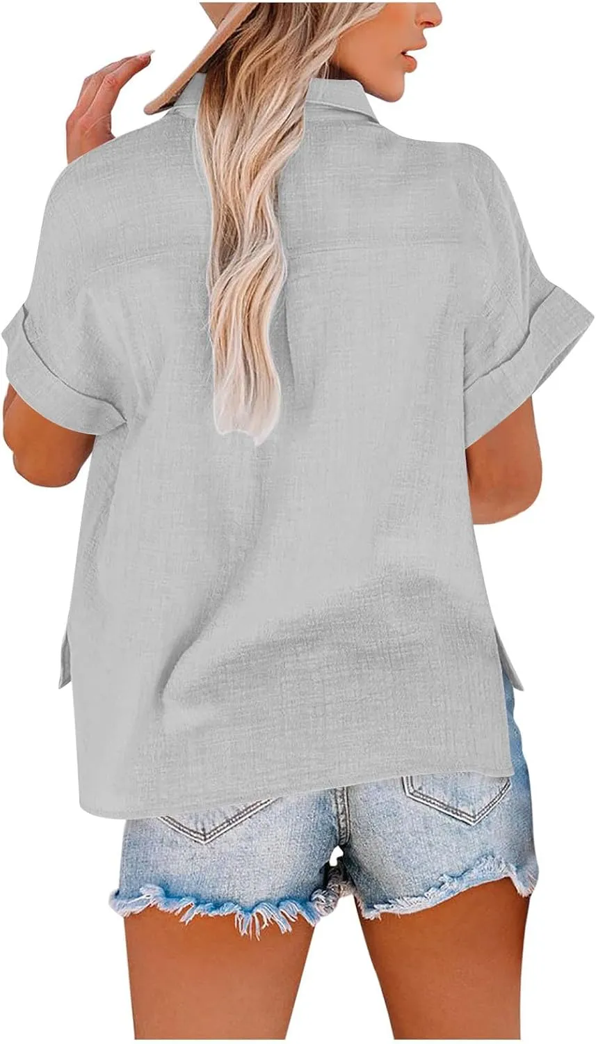 Women's Cpttpn Linen Button Up Shirts with Side Slit, Short Sleeve V-Neck Collared Tops Golf Shirt Casual Summer Tee