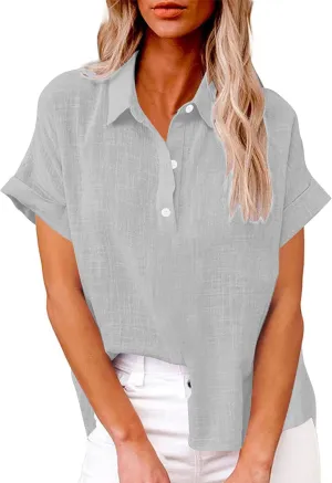 Women's Cpttpn Linen Button Up Shirts with Side Slit, Short Sleeve V-Neck Collared Tops Golf Shirt Casual Summer Tee