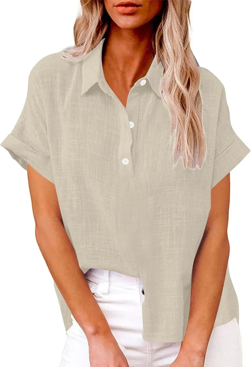 Women's Cpttpn Linen Button Up Shirts with Side Slit, Short Sleeve V-Neck Collared Tops Golf Shirt Casual Summer Tee