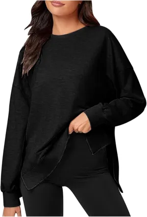 Women's Crewneck Oversized Sweatshirt Hoodless Fashion Solid Comfy Long Sleeve Slit Hem Outfit Pullover Sweatshirt