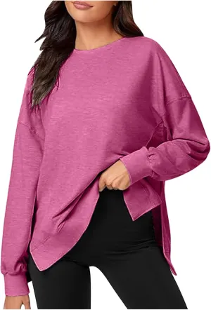 Women's Crewneck Oversized Sweatshirt Hoodless Fashion Solid Comfy Long Sleeve Slit Hem Outfit Pullover Sweatshirt