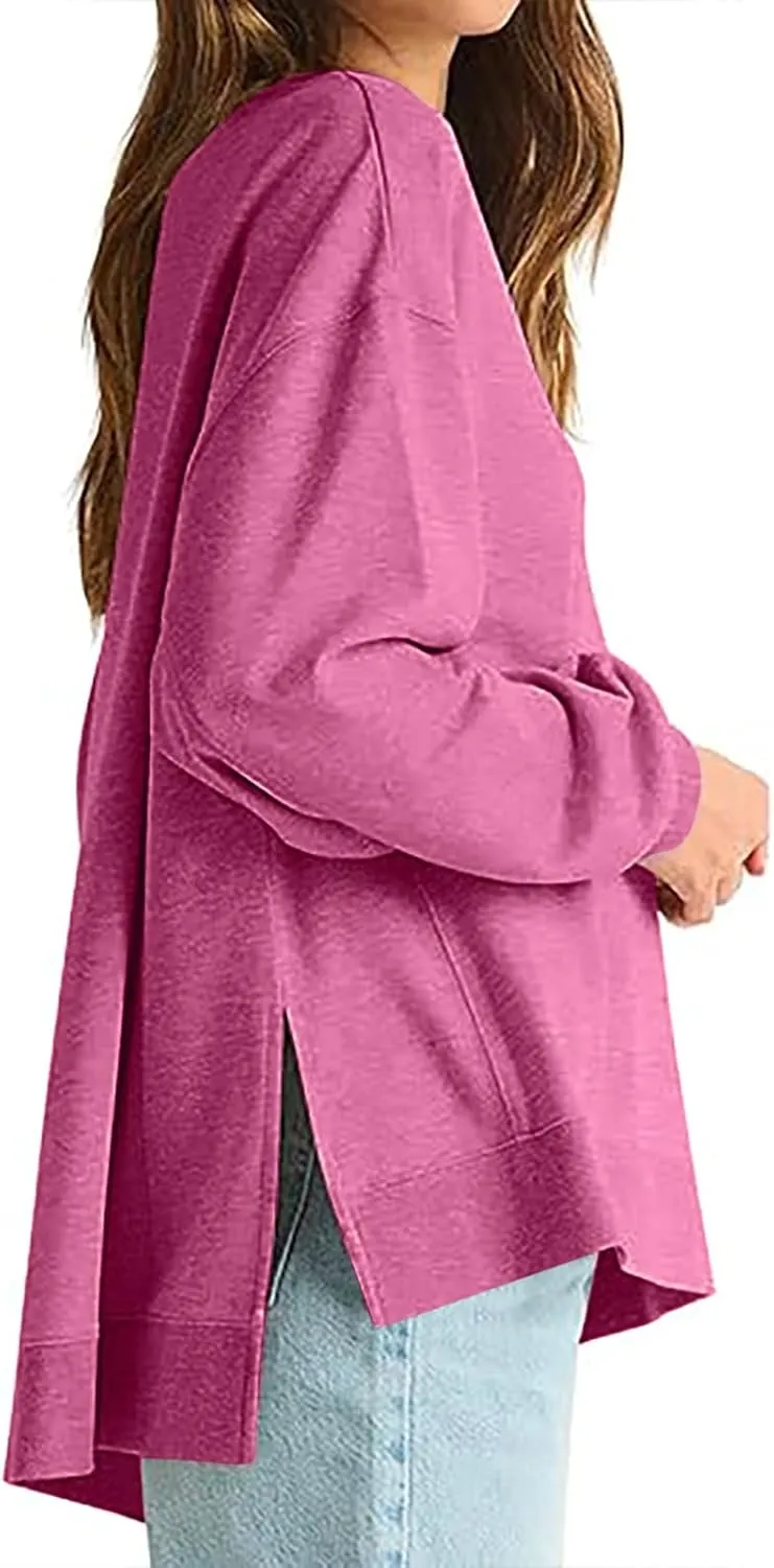 Women's Crewneck Oversized Sweatshirt Hoodless Fashion Solid Comfy Long Sleeve Slit Hem Outfit Pullover Sweatshirt