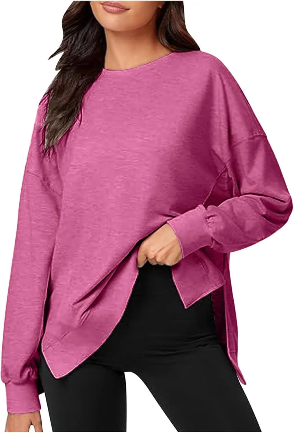 Women's Crewneck Oversized Sweatshirt Hoodless Fashion Solid Comfy Long Sleeve Slit Hem Outfit Pullover Sweatshirt